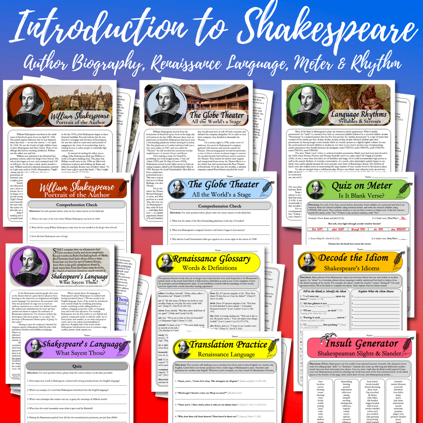 Introduction to Shakespeare: Author Biography, Globe Theater, Renaissance Language, Iambic Pentameter, & Shakespearean Insults