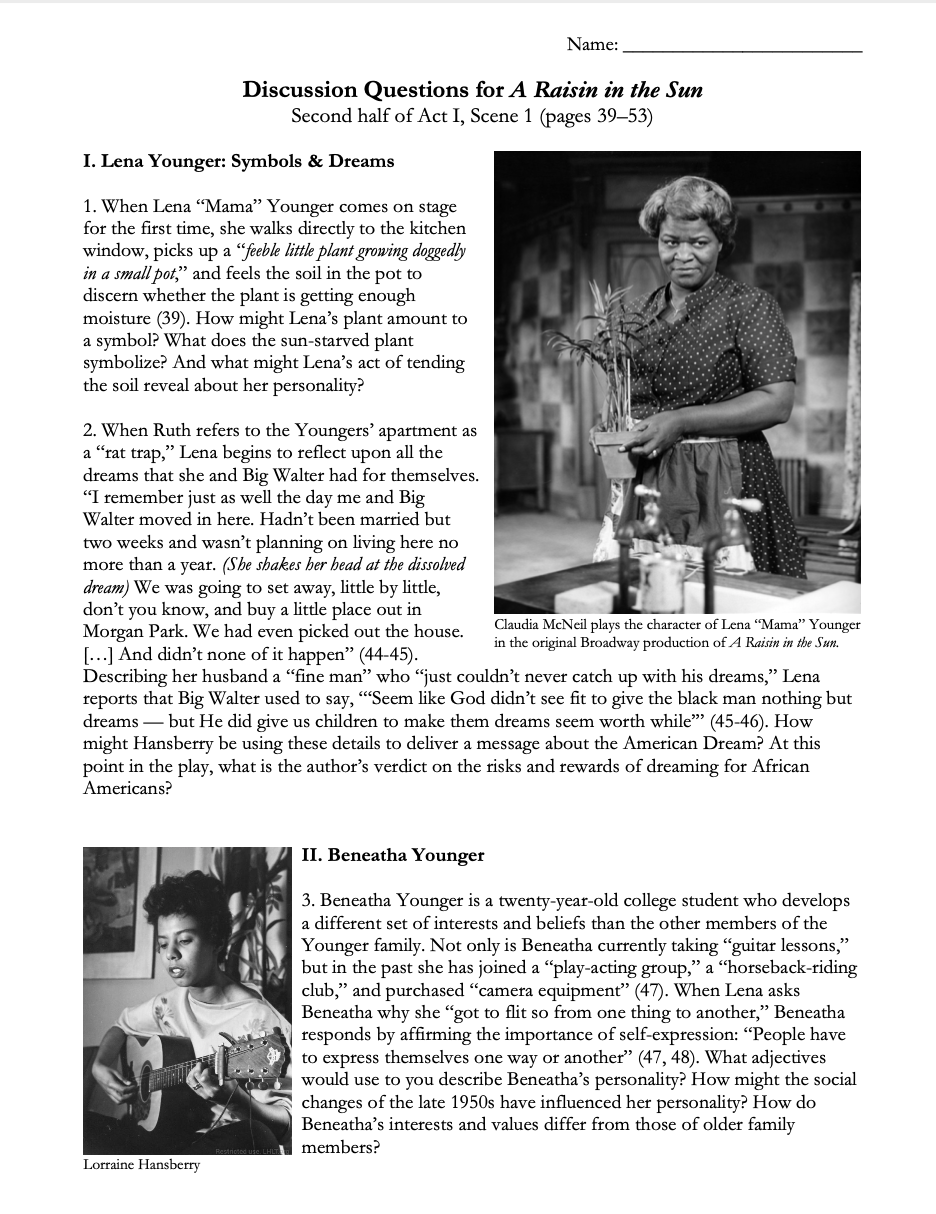 A Raisin in the Sun by Lorraine Hansberry | Complete Teaching Unit