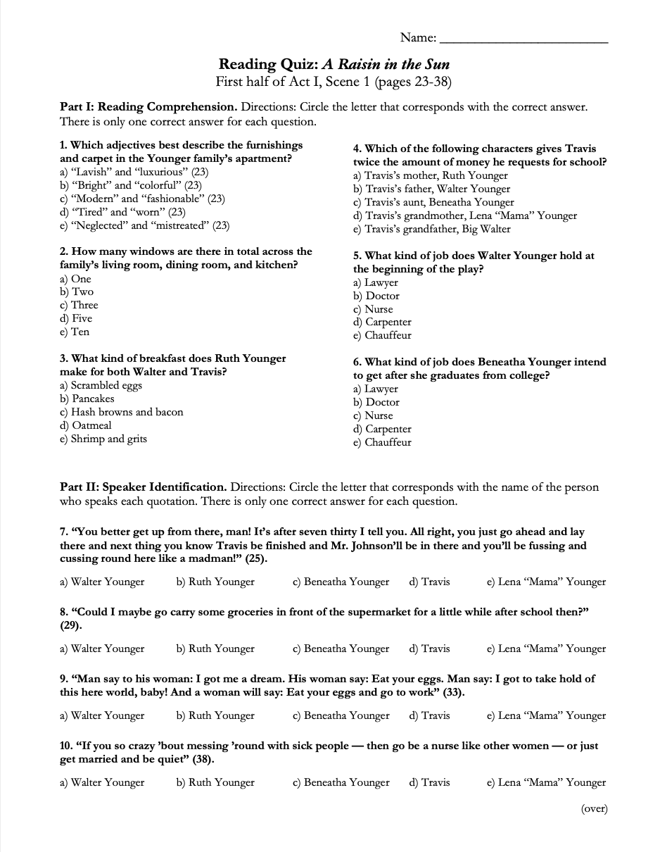 A Raisin in the Sun by Lorraine Hansberry | Complete Teaching Unit