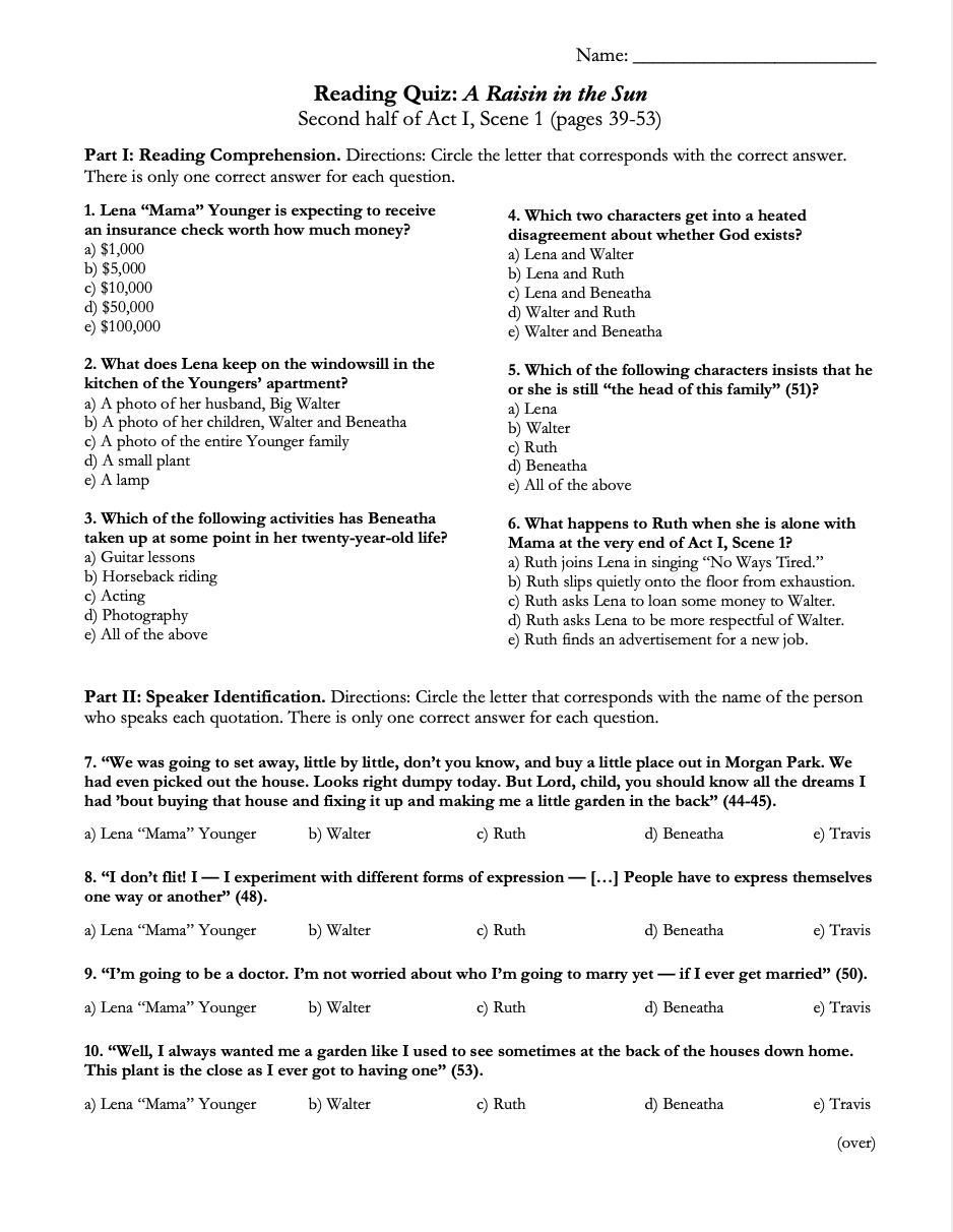 A Raisin in the Sun by Lorraine Hansberry | Complete Teaching Unit