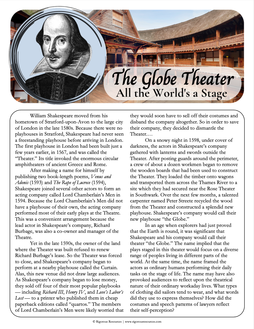 Introduction to Shakespeare: Author Biography, Globe Theater, Renaissance Language, Iambic Pentameter, & Shakespearean Insults