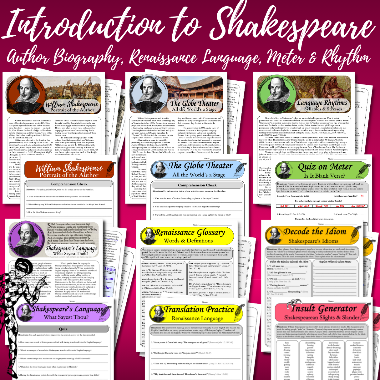 Introduction to Shakespeare: Author Biography, Globe Theater, Renaissance Language, Iambic Pentameter, & Shakespearean Insults