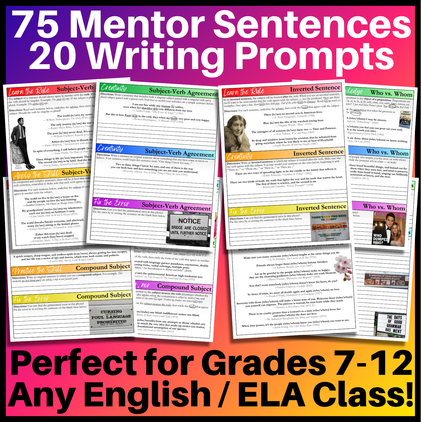 Grammar Worksheet Bundle | Grammar Exercises & Writing Prompts for High School English