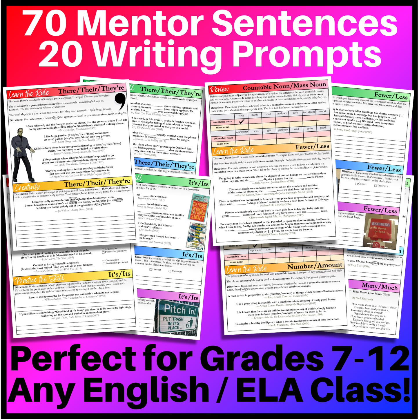 Grammar Worksheet Bundle | Grammar Exercises & Writing Prompts for High School English