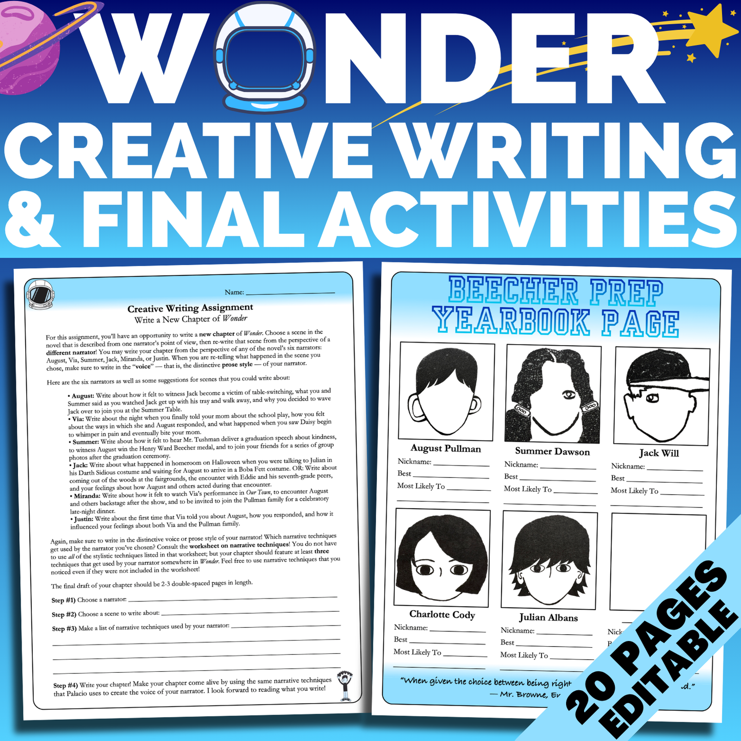 Wonder Unit Plan: Workbook, Activities, Lesson Plans, & Writing Prompts for Wonder by R. J. Palacio